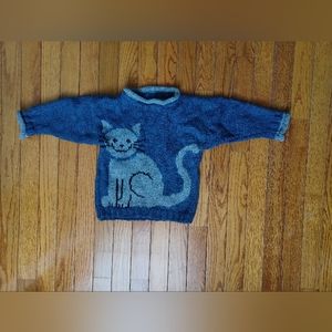 Hand Knit Childrens "Cat And Mouse" 2T - 3T Wool Blue Roll Neck Pullover Sweater